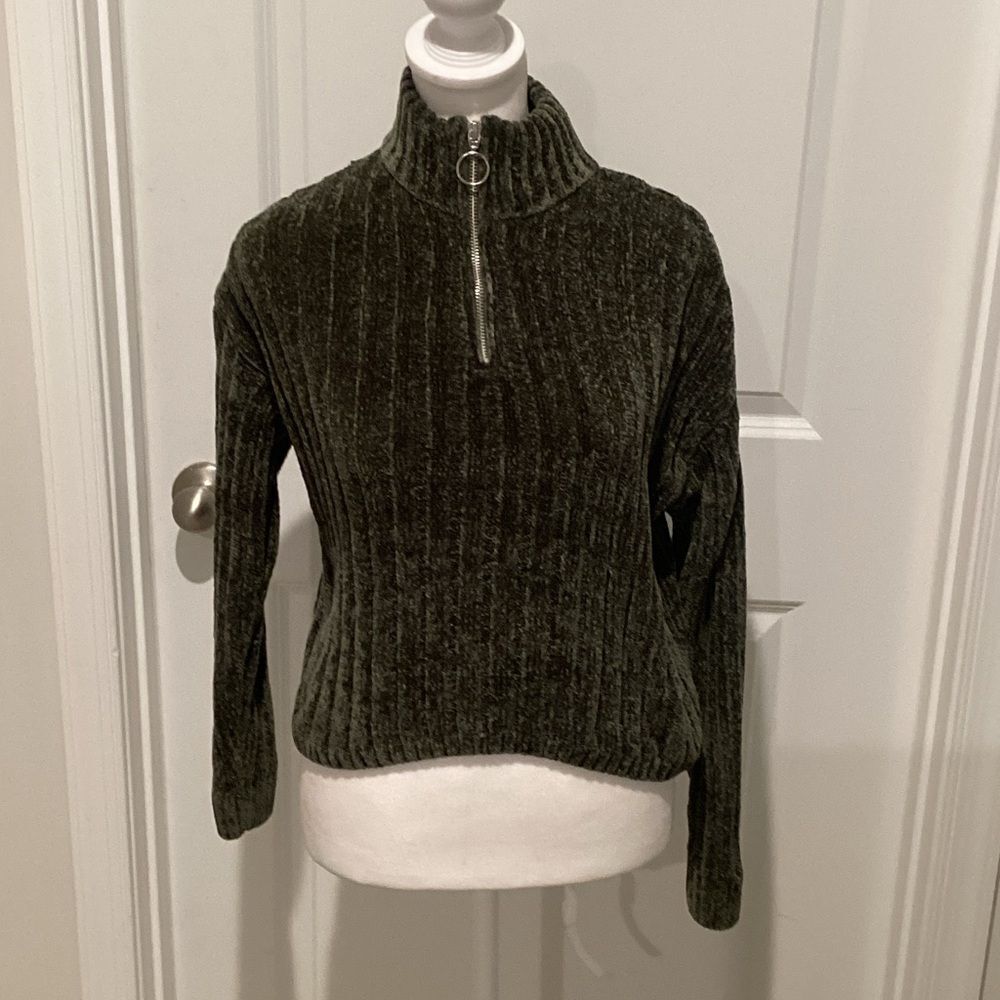 Pink Rose Dark Forest Green Chunky Knit Cowl Neck Knit Sweater - Small